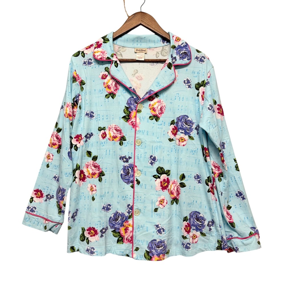 BedHead Pajamas Top Womens L Blue‎ Floral Sheet Music Button Up Sleep Shirt Cozy